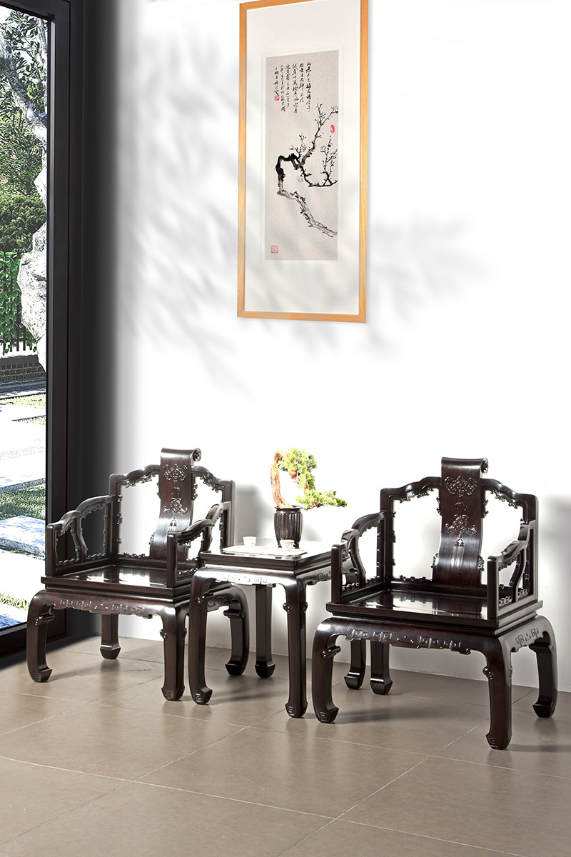 苏州上博款紫光檀福庆有余卷书式太师椅家具器型